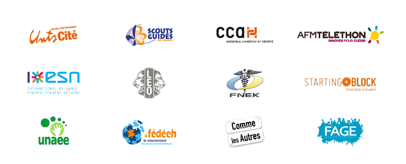 Unis-cité, Scouts et Guides de France, CCAH, AFM Téléthon, International Exange Erasmus Student Network, Léo, FNEK, Starting Block, Unaee, La Fédéeh, Comme les autres, Fage Logos Unis-cité, Scouts et Guides de France, CCAH, AFM Téléthon, International Exange Erasmus Student Network, Léo, FNEK, Starting Block, Unaee, La Fédéeh, Comme les autres, Fage